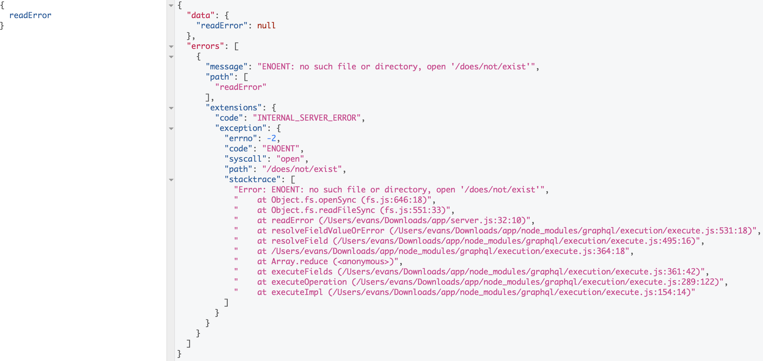 Screenshot demonstrating an error stacktrace and additional